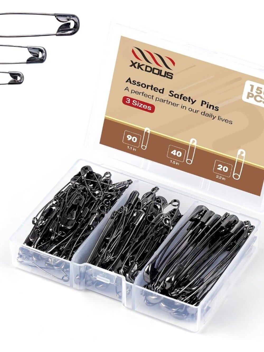 150 Pack Safety Pins for Clothes 3 Universal Assorted Sizes, Black